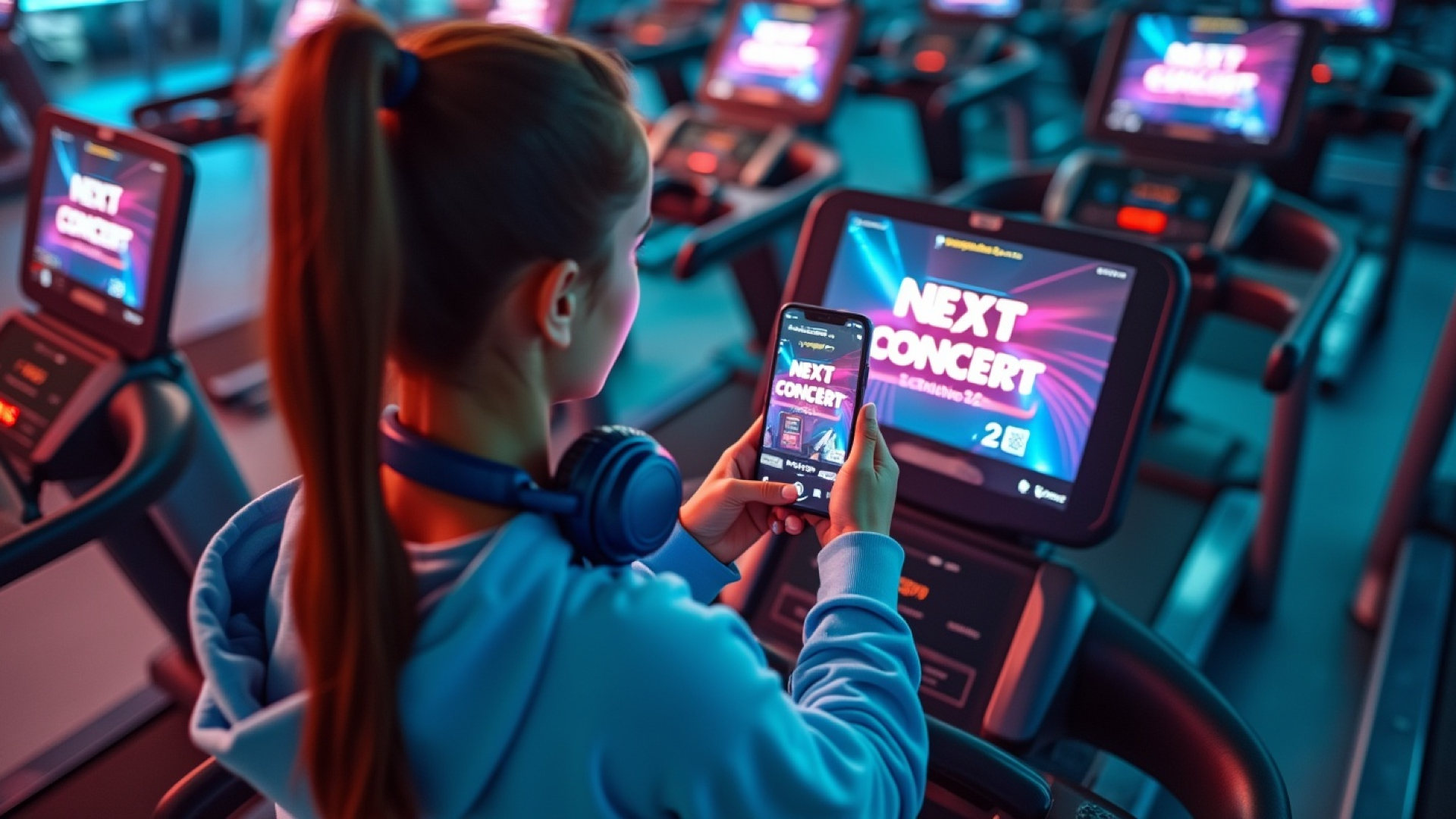 Chica en gimnasio utilizando la aplicación de WellNets