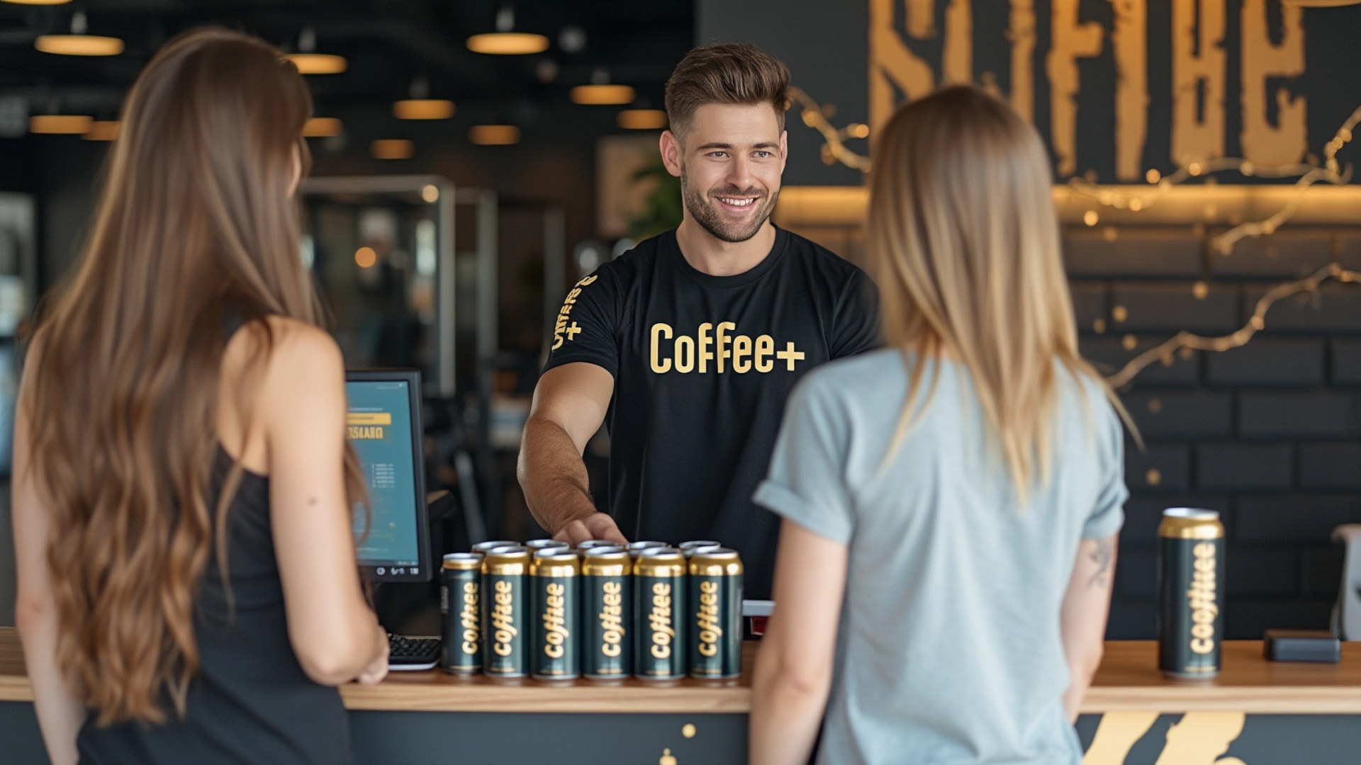 Dos mujeres jóvenes comprando bebidas energéticas en un gimnasio asociado a WellNets